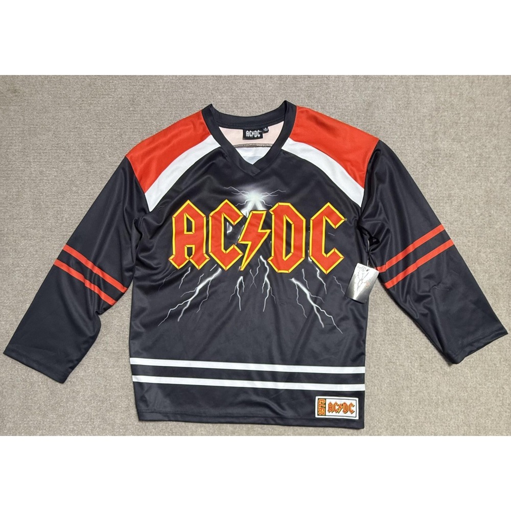 AC/DC Shirt Mens Small Black Red Hockey Jersey Lightning Graphic Long‎ Sleeve